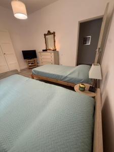 a bedroom with two beds and a tv and a mirror at AuraHouse in Mignanego +4 photos