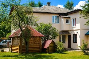 a house with a wooden cabin in the yard at Хостел в Карпатах in Yasinya