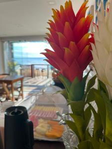 a vase with a red flower on a table at Pousada Manhã Dourada in Morro de São Paulo
