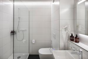 a bathroom with a shower and a toilet and a sink at Wysses Rössli in Schwyz