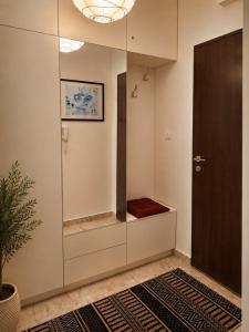 a walk in shower in a room with a mirror at Modern New Apartment Miss T I Free Parking I Great Location in Podgorica +41 photos