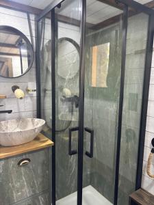 a shower with a glass door next to a sink at Entre ciel et champs in Capendac