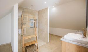 a bathroom with a shower and a sink at L'Oustal del Sully - Villa d'exception avec piscine, proche lac de Pareloup in Prades-Salars +19 photos