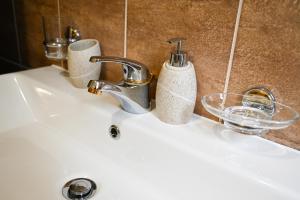 a bathroom sink with a faucet and two toiletries at Apartmani Filip i Jakov in Senj +68 photos
