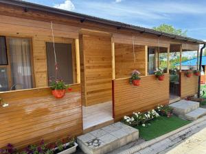 a wooden house with potted plants on it at Экохаус Hemingway 1 in Borovoye