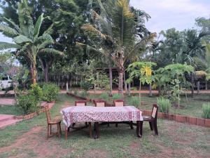 a table and chairs in a park with palm trees at Aachchi Country Home by ABC Leisure's group in Jaffna +9 photos