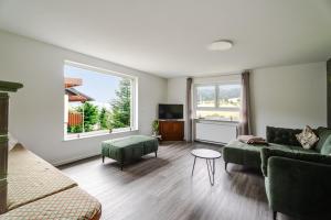 a living room with a couch and two windows at Ferienwohnung Waldrose in Oberharmersbach