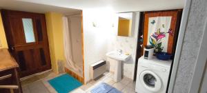 a bathroom with a sink and a washing machine at Gîte d'Alithe in Montamel