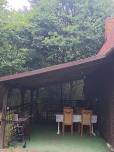 a patio with chairs and a table and a roof at Zofiówka las in Zofiówka