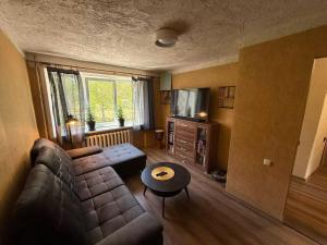 ein Wohnzimmer mit Sofa und Tisch in der Unterkunft Kalmāri in Kolka