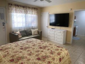a bedroom with a bed and a flat screen tv at Angie's Guest Cottage in Virginia Beach