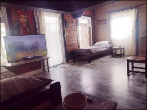a living room with a large television and a bed at Lo de Adriana in Tandil