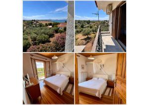 a collage of three pictures of a bedroom with two beds at Zeba apartment 200m from the Sea in Dhílesi
