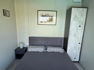 a bedroom with a gray bed in a room at Ailleurs in Novi Banovci +32 photos