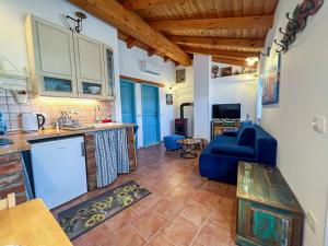 a kitchen and a living room with a blue couch at Casa Histria Apartments in Šmarje