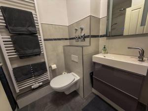 a small bathroom with a toilet and a sink at Haus Sachsensteinblick in Bad Sachsa +29 photos
