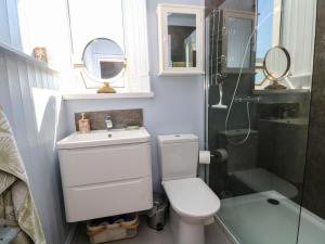a bathroom with a toilet and a sink and a shower at Ferncliffe in Morecambe +35 photos