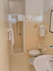a bathroom with a shower and a toilet and a sink at Hotel Monte Baldo in Brenzone sul Garda +64 photos