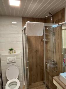 a bathroom with a toilet and a glass shower at Lazaro Urban Apartment in Skopje +11 photos
