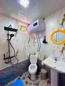 a bathroom with a white toilet and a sink at guesthouse NENO in Mestia