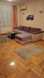 a living room with a couch and wooden floors at Apartman Nikola in Žarkovo