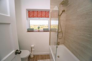 a bathroom with a shower and a toilet and a window at Avalonia in Glastonbury