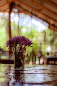 a vase with purple flowers sitting on a table at Down Fattna Eco Villa in Deniyaya