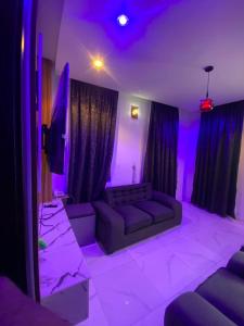 a living room with a couch and purple lighting at whitestone palace hotel in Eggan