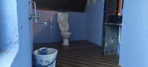 a small bathroom with a toilet and a bucket at Aastha Gokarna in Gokarn