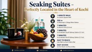 a flyer for a hotel with a bowl of fruit on a table at Seaking Suites-MG Road in Cochin