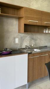 a kitchen with a sink and wooden cabinets at Boutique Loft – Spectacular View – Lake – Mountain in Valle de Bravo +24 photos