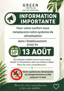 a flyer for a promotion of green hotels at Greenhotels Roissy Parc des Expositions in Tremblay-En-France