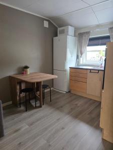a small kitchen with a table and a refrigerator at Airport Central Apartment in Alta