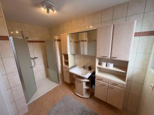 a bathroom with a sink and a shower and a toilet at Wohnen nahe der Ems in Fresenburg +6 photos