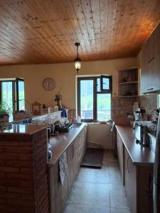 a large kitchen with wooden ceilings and wooden counters at Villa Borjomi in Akhaldaba