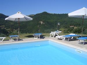 a swimming pool with two tables and umbrellas at Agriturismo Sorripe in Montelaterone