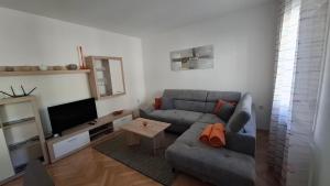 a living room with a couch and a television at Apartma Center in Bovec