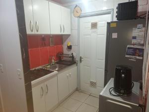 a small kitchen with white cabinets and a sink at Casa agustina 2 in Valdivia