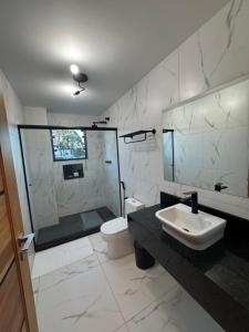 a bathroom with a sink and a shower and a toilet at Le Bonne Ville Hotel in Campos do Jordão +50 photos