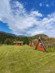 a group of huts in a field with green grass at Reisa River Lodge in Potka