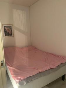 a bed in a room with a pink sheet on it at Kasakankuja Kajaani in Kajaani