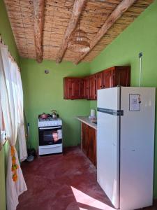 a kitchen with a white refrigerator and green walls at Cabaña Terracota in Maimará