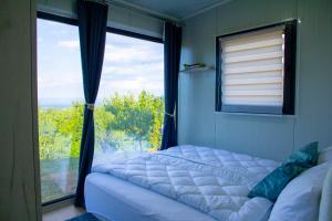 a bed in a room with a large window at Casa Dunja Čačak in Čačak