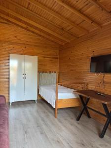 a bedroom with a bed and a desk and a tv at EM-BA BUTİK BUNGALOV in Demre
