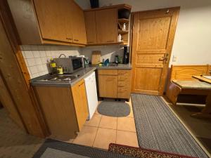 a small kitchen with wooden cabinets and a microwave at Ruhige Wohnung im Grünen Lichtenwald in Thomashardt