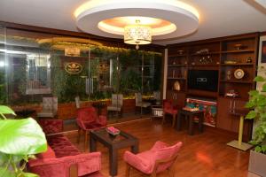 イスタンブールにあるGolden Siyav Hotelのリビングルーム(赤い椅子、テレビ付)