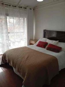 a bedroom with a large bed with two red pillows at Casa 3 dormitorios estacionamiento Heriberto Ortiz in Santiago