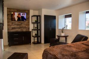 a bedroom with a bed and a tv on a wall at Hotel Velario in Tijuana