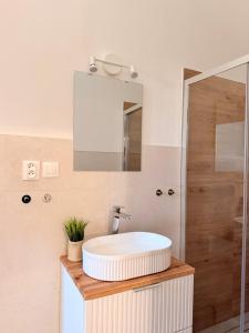 a bathroom with a white sink and a mirror at Hedera Home in Komárno +30 photos