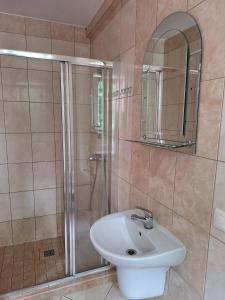 a bathroom with a shower and a white sink at Pokoje Gościnne Kalina in Łagów +9 photos